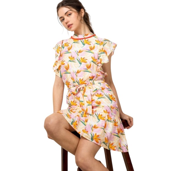 Anthropologie THML Birds of Paradise Tie Mini Tropical Floral Dress Flutter NWT - Picture 1 of 9